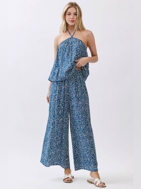 Leaf Print Halter Tank and Wide Leg Pants Set